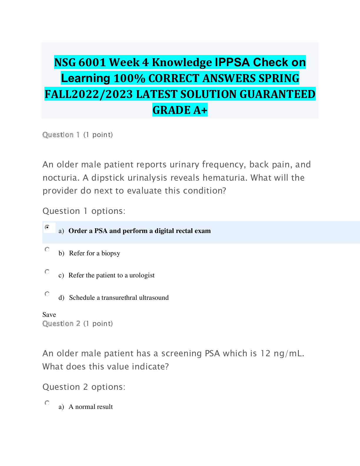 Preview image for NSG 6001 Week 4 Knowledge IPPSA Check on Learning 100% CORRECT ANSWERS SPRING FALL2022/2023 LATEST SOLUTION GUARANTEED GRADE A+